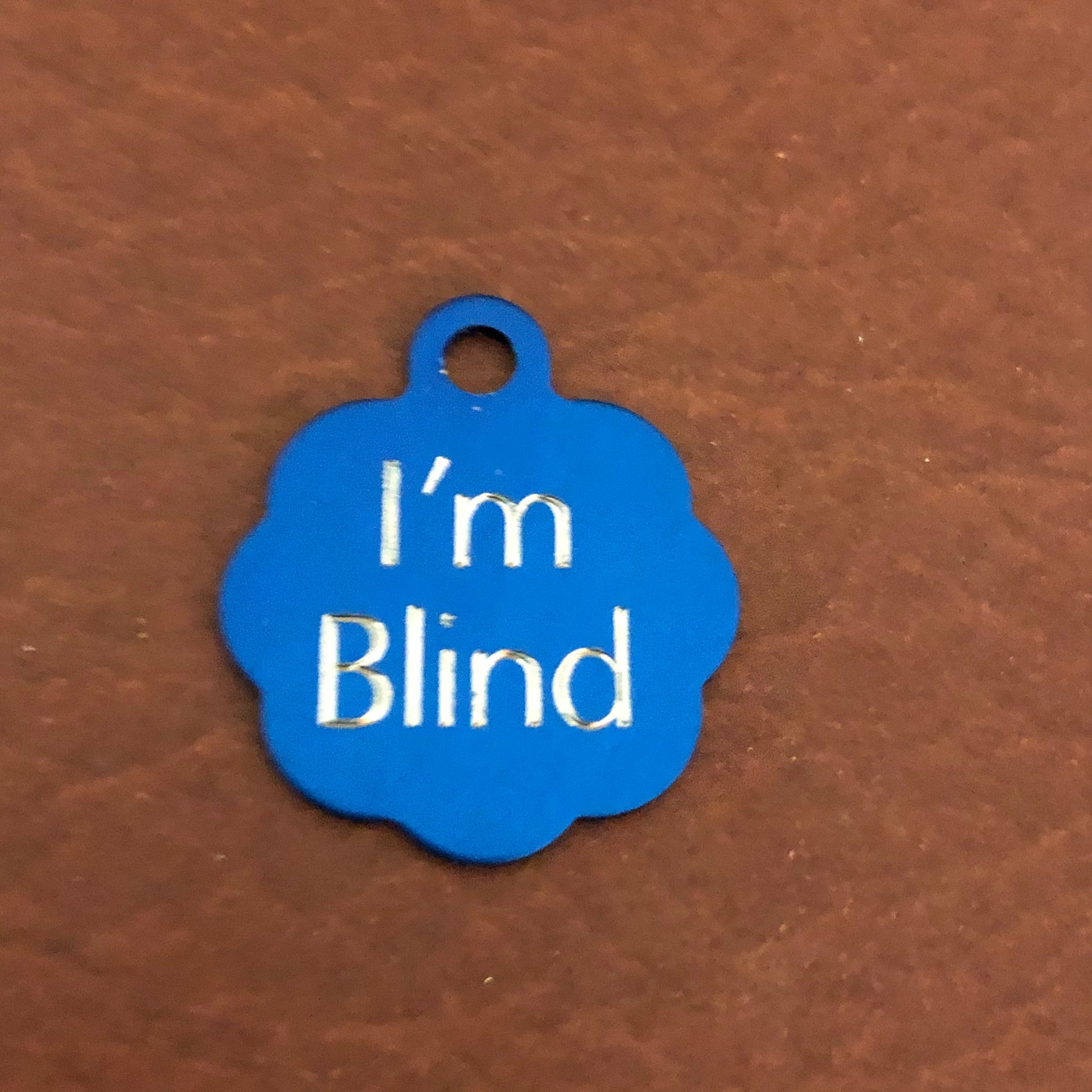 I'm Blind, Small Blue Rosette Aluminum Tag, Personalized Diamond Engraved, Cat Tag, ID Tag, Dog Tag, Tag for Dog Collar, Tag for Cat Collar