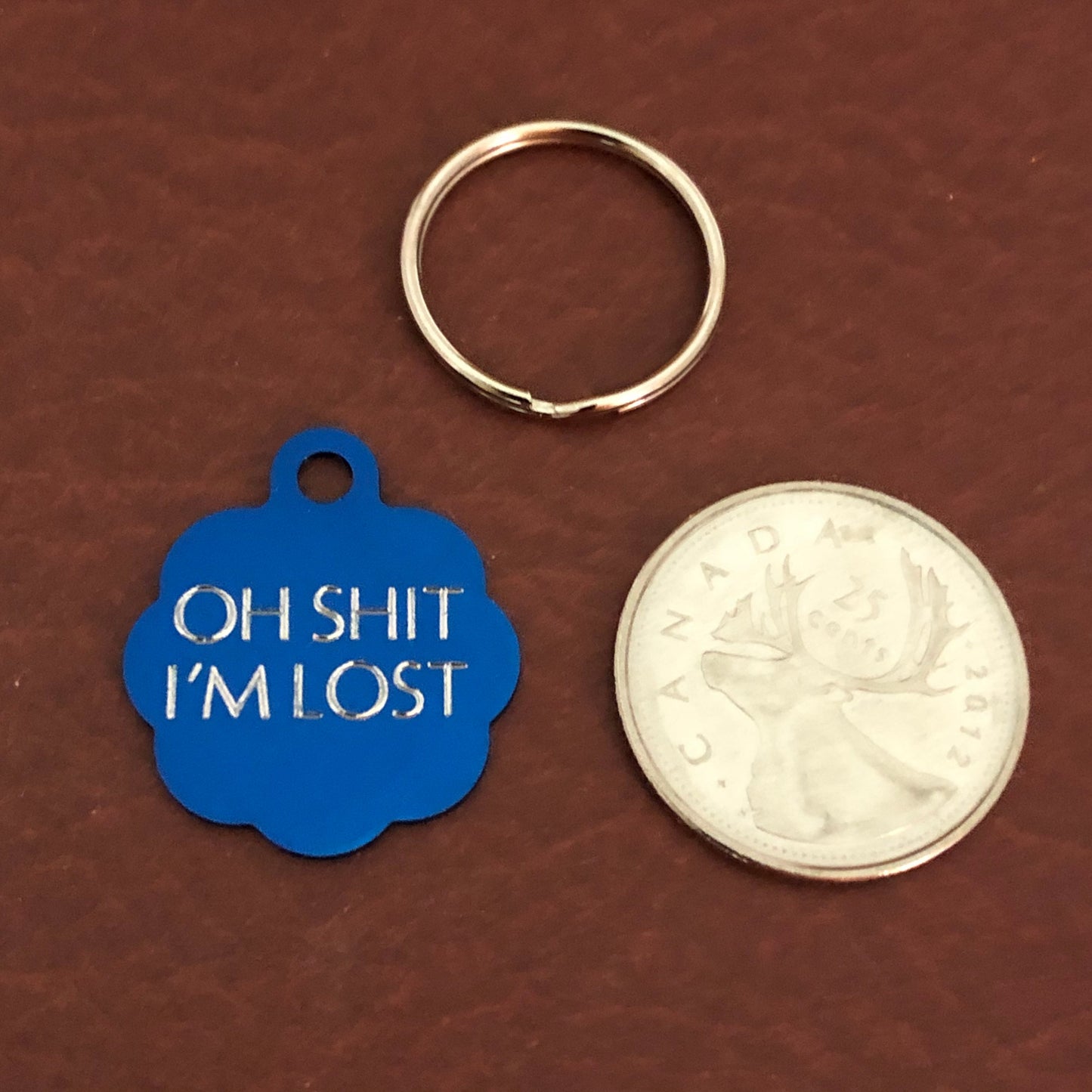 Oh shit I'm lost, Small Blue Rosette Aluminum Tag, Personalized Diamond Engraved, Cat Tags, ID Tags, Dog Tags for car collar for dog collar