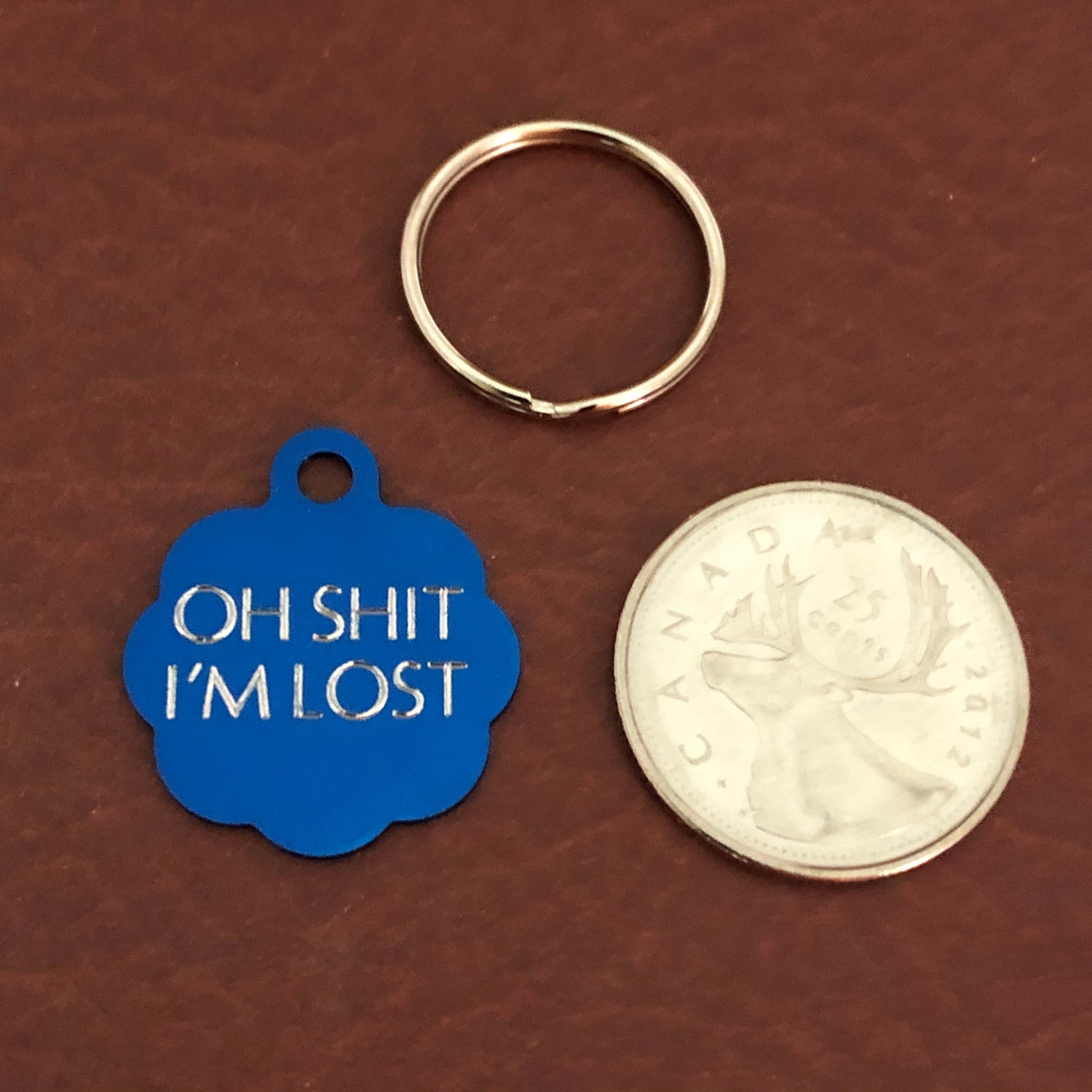 Oh shit I'm lost, Small Blue Rosette Aluminum Tag, Personalized Diamond Engraved, Cat Tags, ID Tags, Dog Tags for car collar for dog collar