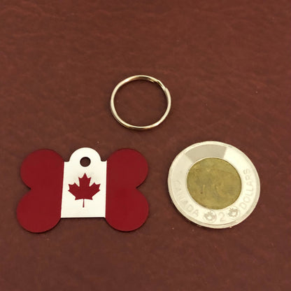 Maple Leaf Canadian Flag, Large Red Bone Dog Tag, Personalized Aluminum Tag, Diamond Engraved, Dog Tag, Puppy Tag, For Dog Collar, MLCFLRB