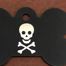 Load image into Gallery viewer, A close up of a large black bone aluminum tag with a skull and bones on it. The Tag measures approximately 1 9/16&quot;W x 1 1/16&quot;H.