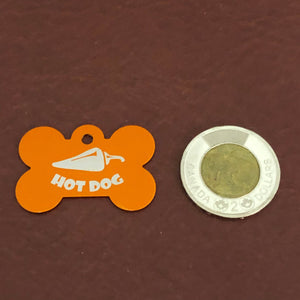 Hot Dog Design Large Orange Bone Personalized Aluminum Tag Diamond Engraved Dog Tag Cat Tag Small Animal Tag Kitty Tag Puppy Tag