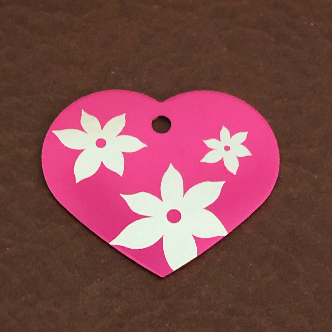 Lily Floral Print. Large Pink Heart Aluminum Tag Diamond Engraved Personalized Dog Tag Cat Tag For Dog Collars For Cat Collars For Backpacks
