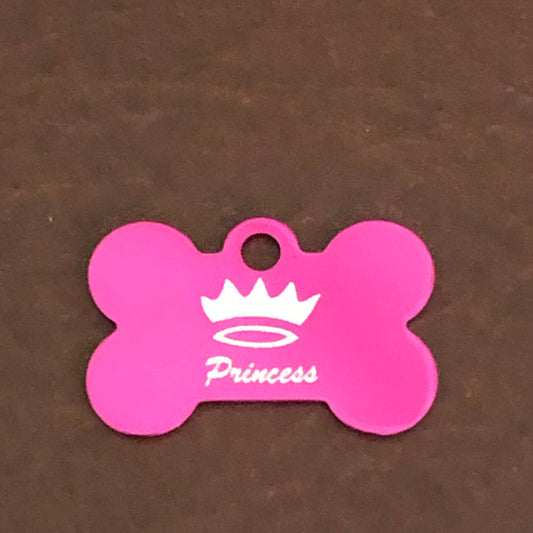 Princes Crown Design, Small Pink Bone, Personalized Aluminum Tag, Diamond Engraved, Dog Tag, Pet Tag, Puppy, ID Tags For Dog Collars, PCSPB