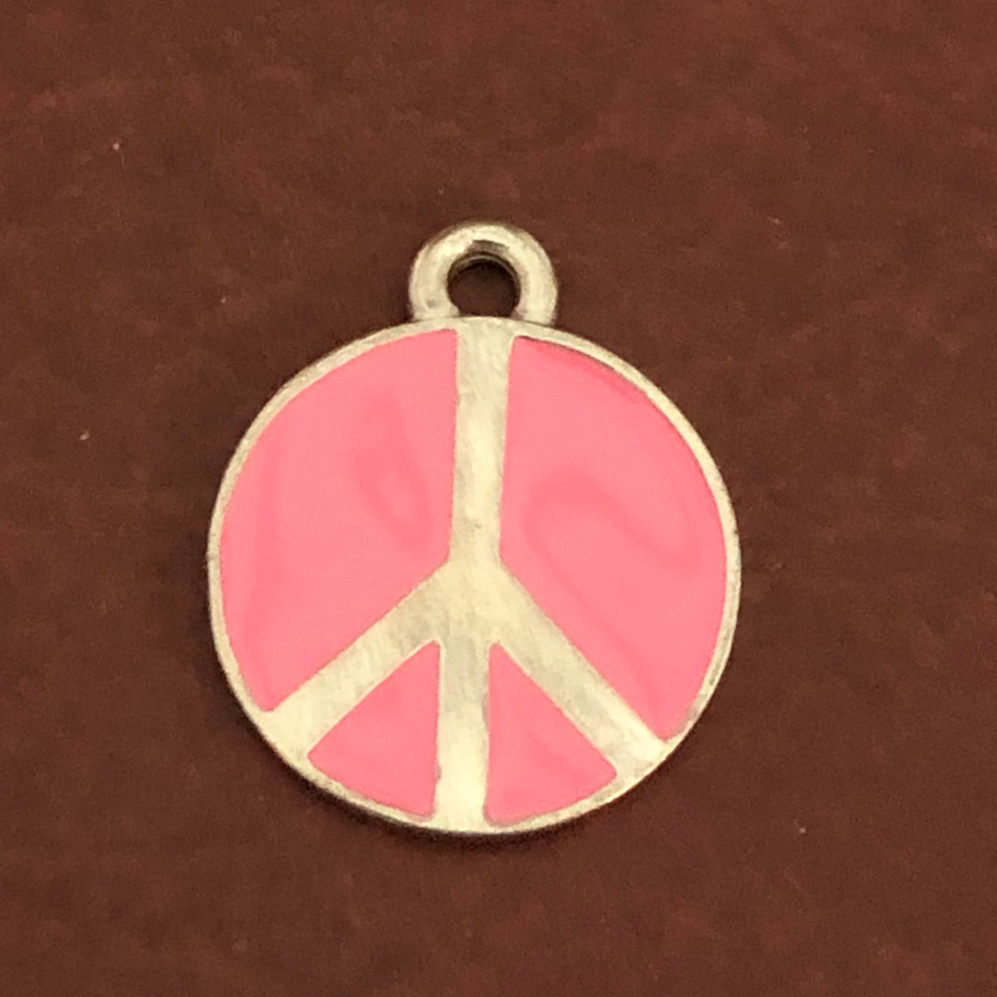 Pink Peace Sign Small Pewter Circle Tag Personalized Diamond Engraved Dog Tag, Cat Tag For Dog Collar, For Cat Collar, PSSPPCT