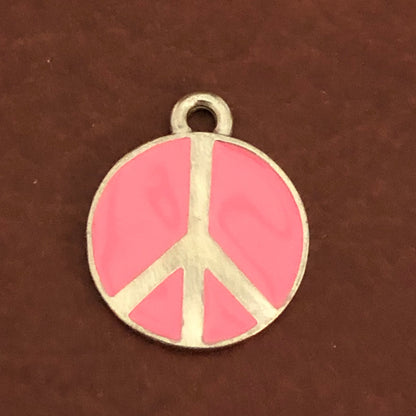 Pink Peace Sign Small Pewter Circle Tag Personalized Diamond Engraved Dog Tag, Cat Tag For Dog Collar, For Cat Collar, PSSPPCT