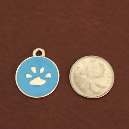 Blue Paw Print, Paw Small Pewter Circle Tag Personalized Diamond Engraved Dog Tag, Cat Tag For Dog Collar, For Cat Collar, BPPSPC