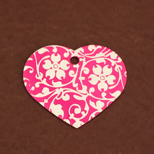 Load image into Gallery viewer, Ornate Floral Print Large Pink Heart Aluminum Tag Diamond Engraved Personalized Dog Tag Cat Tag For Dog Collars For Cat Collar For Backpacks