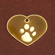 Load image into Gallery viewer, Paw Tag, Large Brown Heart Gold Plated Brass Tag, Pawsh Tag, Diamond Engraved Personalized Dog Tag, Cat Tag, For Dog Collars, PTLBNHG
