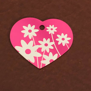 Daisy Floral Print Large Pink Heart Personalized Aluminum Tag, Diamond Engraved, Key Chain, Keychain, For Lost Keys DFPLPH