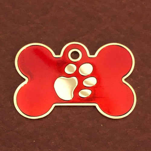 Paw Tag, Large Red Bone Gold Plated Brass Tag, Pawsh Tag, Diamond Engraved Personalized Dog Tag, Puppy Tag, For Dog Collars, Lost Dog PTLRBG