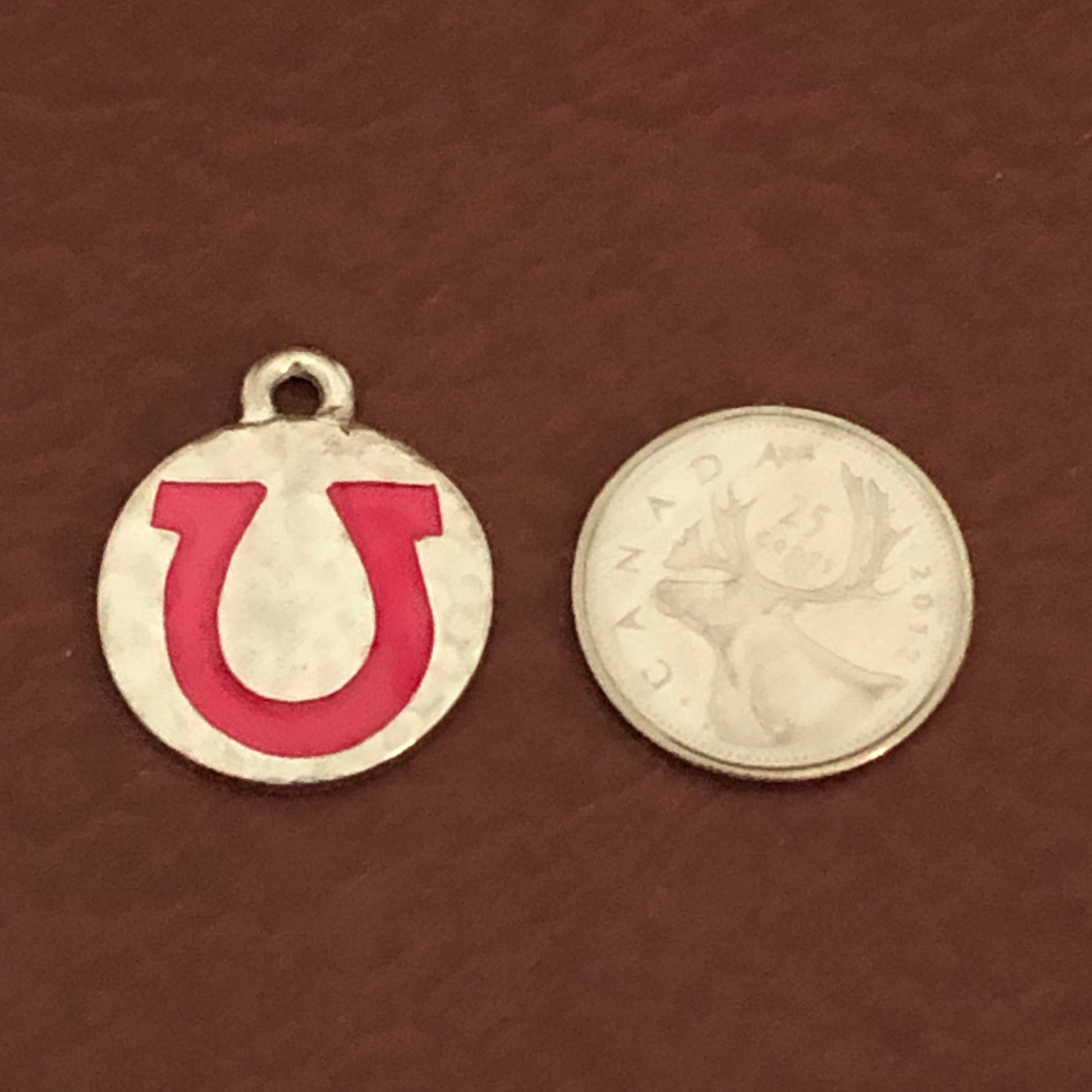 Hammered Horseshoe Tags, Pink Horseshoe, Small Pewter Circle Tag Personalized Diamond Engraved Dog Tag, Cat Tag For Dog Collar, Cat Collar