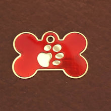 Load image into Gallery viewer, Paw Tag, Large Red Bone Gold Plated Brass Tag, Pawsh Tag, Diamond Engraved Personalized Dog Tag, Puppy Tag, For Dog Collars, Lost Dog PTLRBG
