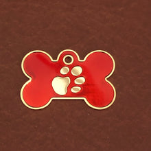 Load image into Gallery viewer, Paw Tag, Large Red Bone Gold Plated Brass Tag, Pawsh Tag, Diamond Engraved Personalized Dog Tag, Puppy Tag, For Dog Collars, Lost Dog PTLRBG