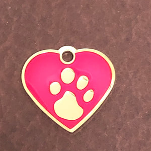 Paw Tag, Small Pink Heart, Gold Plated Brass Tag, Pawsh Tag, Diamond Engraved Personalized Dog Tag, Cat Tag For Dog Collar, PTSPHG