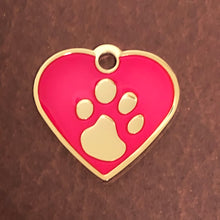 Load image into Gallery viewer, Paw Tag, Small Pink Heart, Gold Plated Brass Tag, Pawsh Tag, Diamond Engraved Personalized Dog Tag, Cat Tag For Dog Collar, PTSPHG
