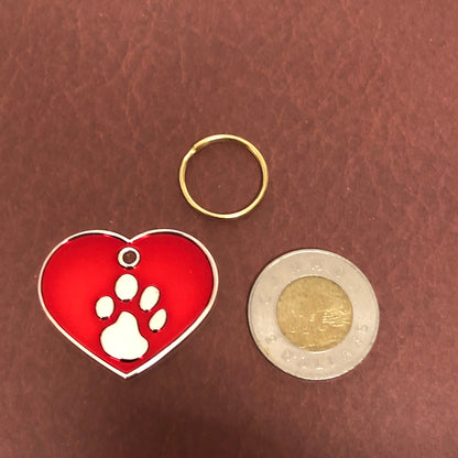 Paw Tag, Large Red Heart Silver Plated Brass Tag, Pawsh Tag, Diamond Engraved Personalized Dog Tag, Cat Tag, For Dog Collars For Cat Collars