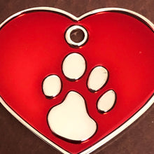 Load image into Gallery viewer, Paw Tag, Large Red Heart Silver Plated Brass Tag, Pawsh Tag, Diamond Engraved Personalized Dog Tag, Cat Tag, For Dog Collars For Cat Collars