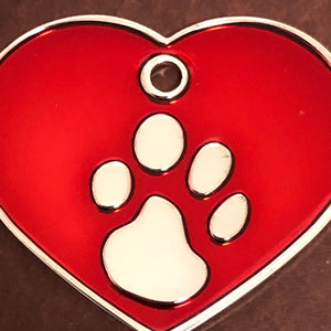 Paw Tag, Large Red Heart Silver Plated Brass Tag, Pawsh Tag, Diamond Engraved Personalized Dog Tag, Cat Tag, For Dog Collars For Cat Collars
