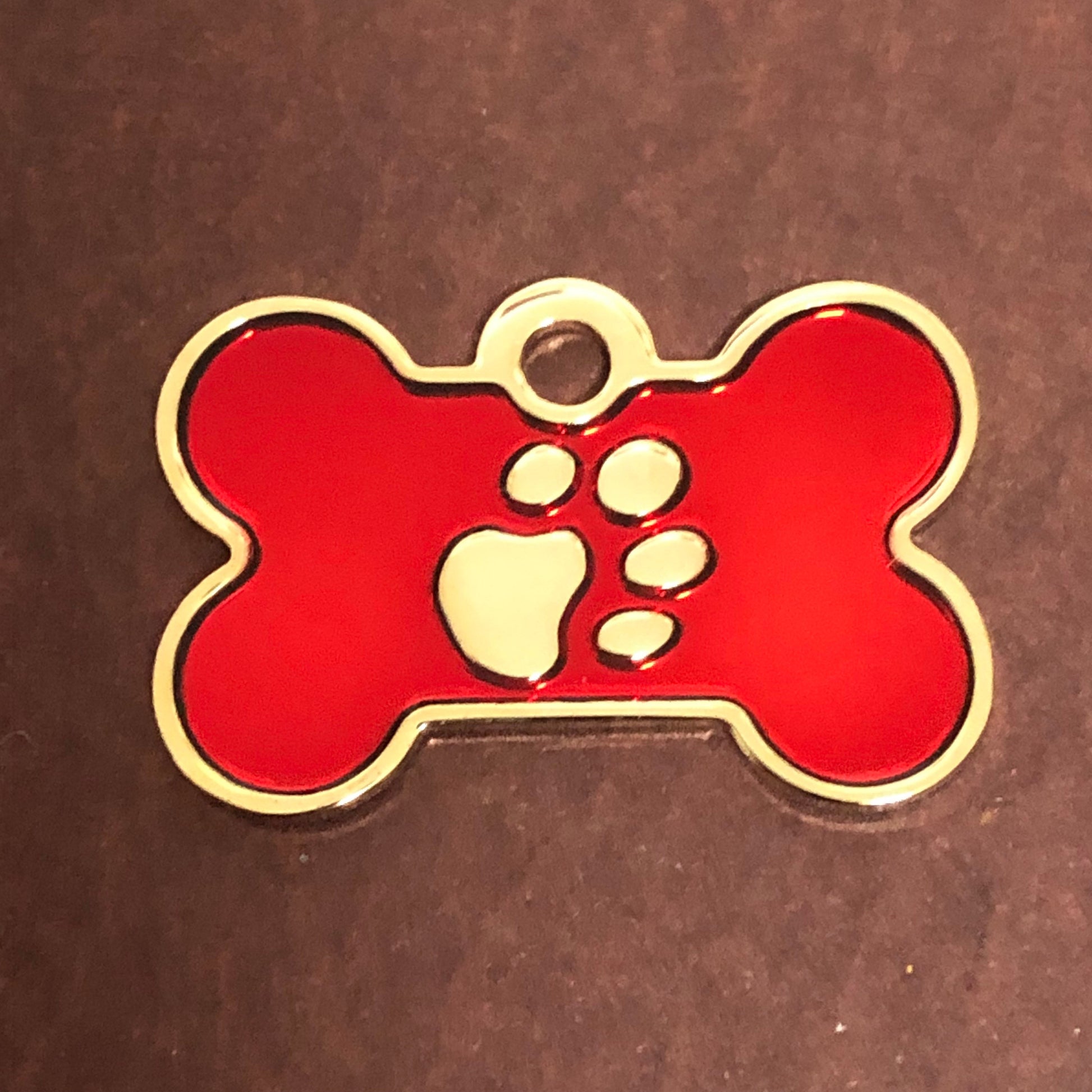 Paw Tag, Small Red Bone, Gold Plated Brass Tag, Pawsh Tag, Diamond Engraved Personalized Dog Tag, For Dog Collar, Lost Dog ID, PTSRBG