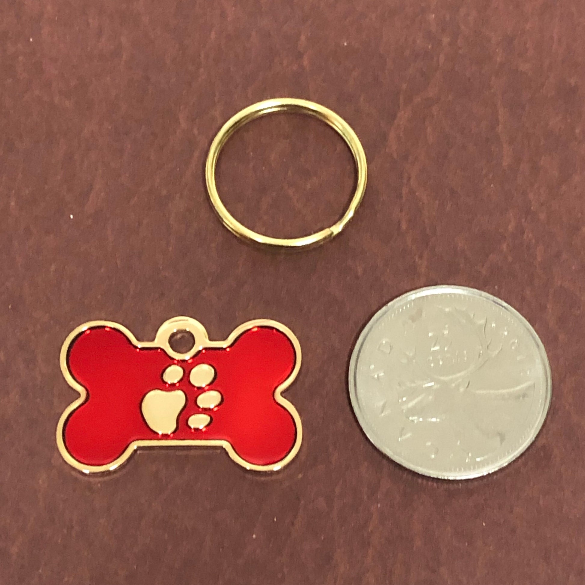 Paw Tag, Small Red Bone, Gold Plated Brass Tag, Pawsh Tag, Diamond Engraved Personalized Dog Tag, For Dog Collar, Lost Dog ID, PTSRBG