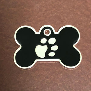 Paw Tag, Large Black Bone Silver Plated Brass Tag, Pawsh Tag, Diamond Engraved Personalized Dog Tag, For Dog Collar, Dog Id Tag, PTLBKBS
