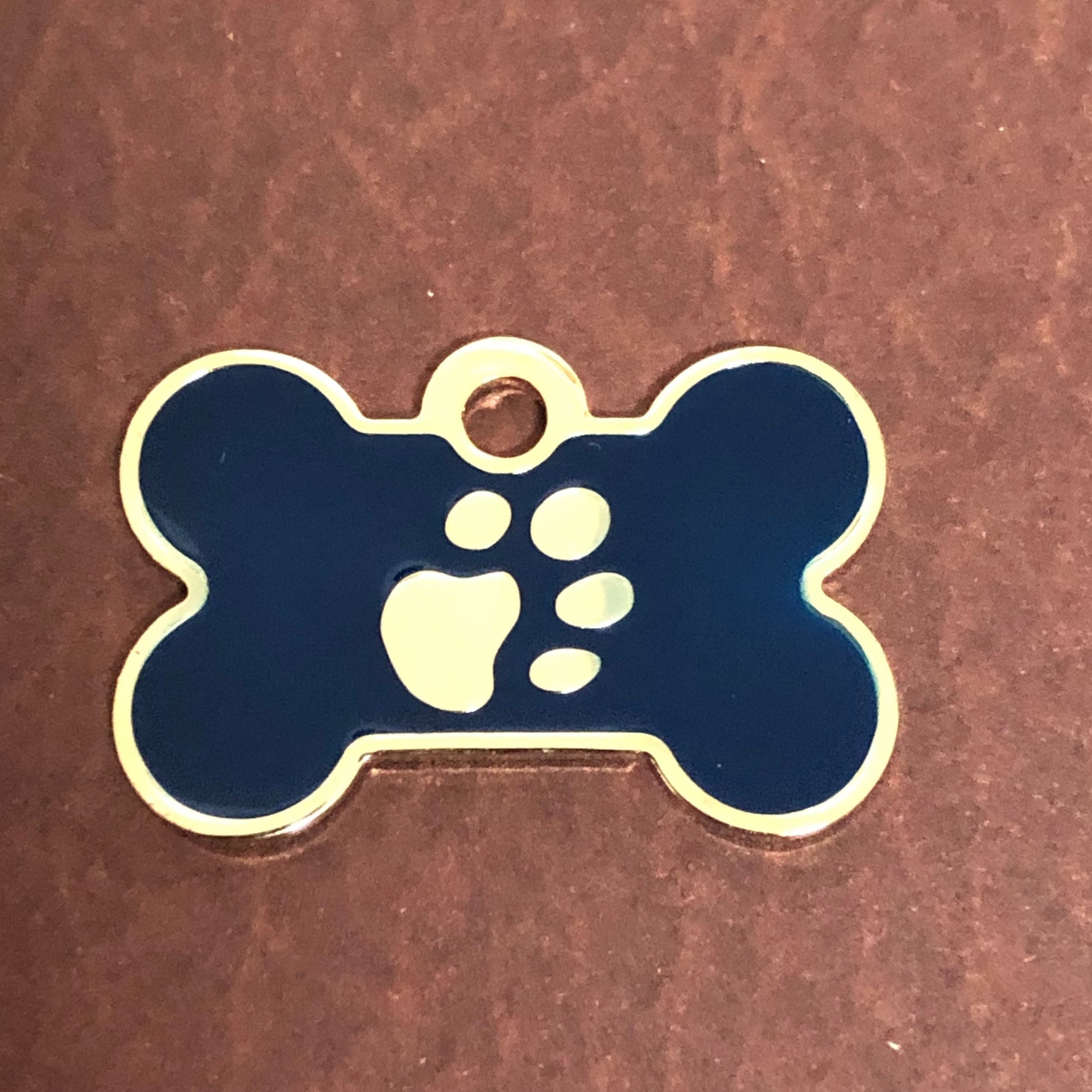 Paw Tag, Small Blue Bone, Gold Plated Brass Tag, Pawsh Tag, Diamond Engraved Personalized Dog Tag, For Dog Collar, Lost Dog ID, PTSBEBG