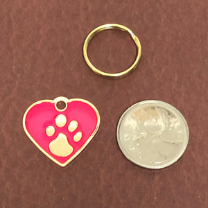 Paw Tag, Small Pink Heart, Gold Plated Brass Tag, Pawsh Tag, Diamond Engraved Personalized Dog Tag, Cat Tag For Dog Collar, PTSPHG