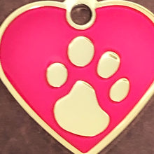Load image into Gallery viewer, Paw Tag, Small Pink Heart, Gold Plated Brass Tag, Pawsh Tag, Diamond Engraved Personalized Dog Tag, Cat Tag For Dog Collar, PTSPHG