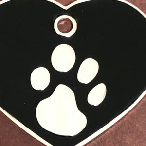 Paw Tag, Large Black Heart Silver Plated Brass Tag, Pawsh Tag, Diamond Engraved Personalized Dog Tag Cat Tag For Dog Collars, PTLBKHS
