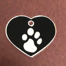 Load image into Gallery viewer, Paw Tag, Large Black Heart Silver Plated Brass Tag, Pawsh Tag, Diamond Engraved Personalized Dog Tag Cat Tag For Dog Collars, PTLBKHS