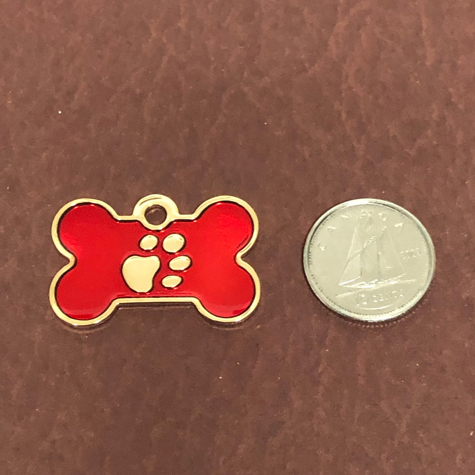 Paw Tag, Small Red Bone, Gold Plated Brass Tag, Pawsh Tag, Diamond Engraved Personalized Dog Tag, For Dog Collar, Lost Dog ID, PTSRBG