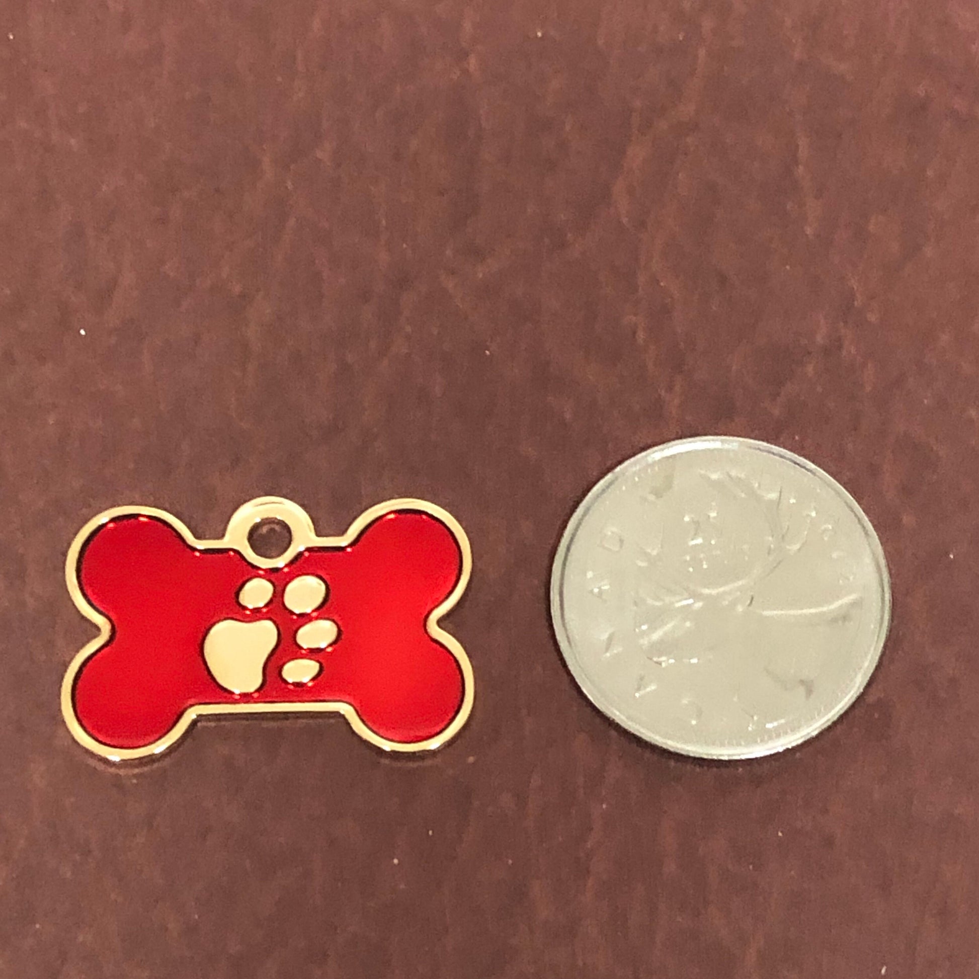 Paw Tag, Small Red Bone, Gold Plated Brass Tag, Pawsh Tag, Diamond Engraved Personalized Dog Tag, For Dog Collar, Lost Dog ID, PTSRBG