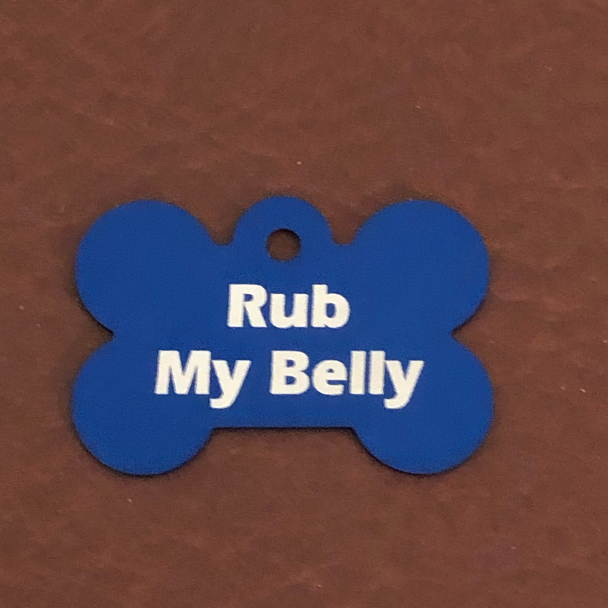 Rub My Belly, Large Blue Bone Aluminum Tag, Personalized Diamond Engraved, Dog Tag, Puppy Tag, ID Tag, Tag for Dog Collar RMMLBB