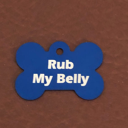 Rub My Belly, Large Blue Bone Aluminum Tag, Personalized Diamond Engraved, Dog Tag, Puppy Tag, ID Tag, Tag for Dog Collar RMMLBB