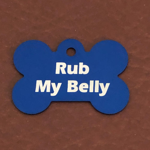 Rub My Belly, Large Blue Bone Aluminum Tag, Personalized Diamond Engraved, Dog Tag, Puppy Tag, ID Tag, Tag for Dog Collar RMMLBB