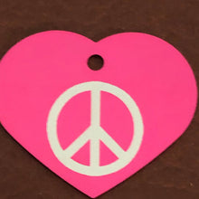 Load image into Gallery viewer, Peace Sign, Large Pink Heart, Aluminum Tag, Diamond Engraved, Personalized Dog Tag, Cat Tag For Dog Collars, Cat Collars For Backpacks PSLPH