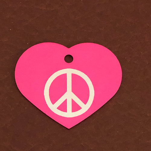 Peace Sign, Large Pink Heart, Aluminum Tag, Diamond Engraved, Personalized Dog Tag, Cat Tag For Dog Collars, Cat Collars For Backpacks PSLPH