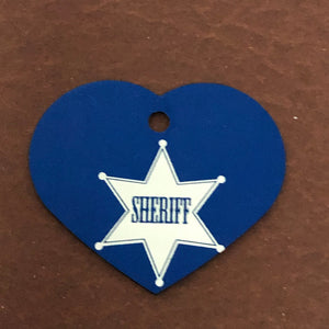 Sheriff, Sheriff Tag, Large Blue Heart Aluminum Tag Personalized Diamond Engraved Pet Tag, Cat Tag, Dog Tag, For Dog Collars, LBSBH