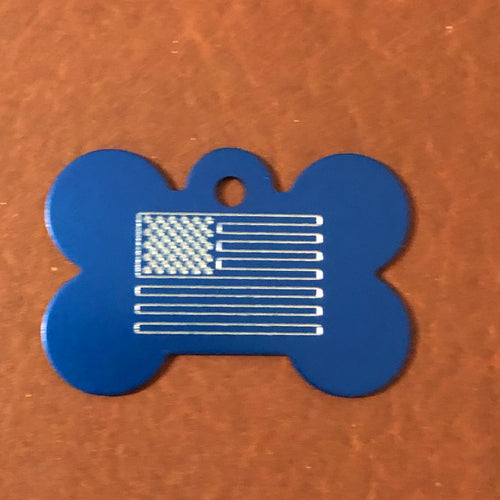 American Flag, Large Bone Tag, Aluminum Personalized Diamond Engraved, Dog Tag, Pet Tag, ID Tags, For Dog Collar, Puppy Tag, AFCALB