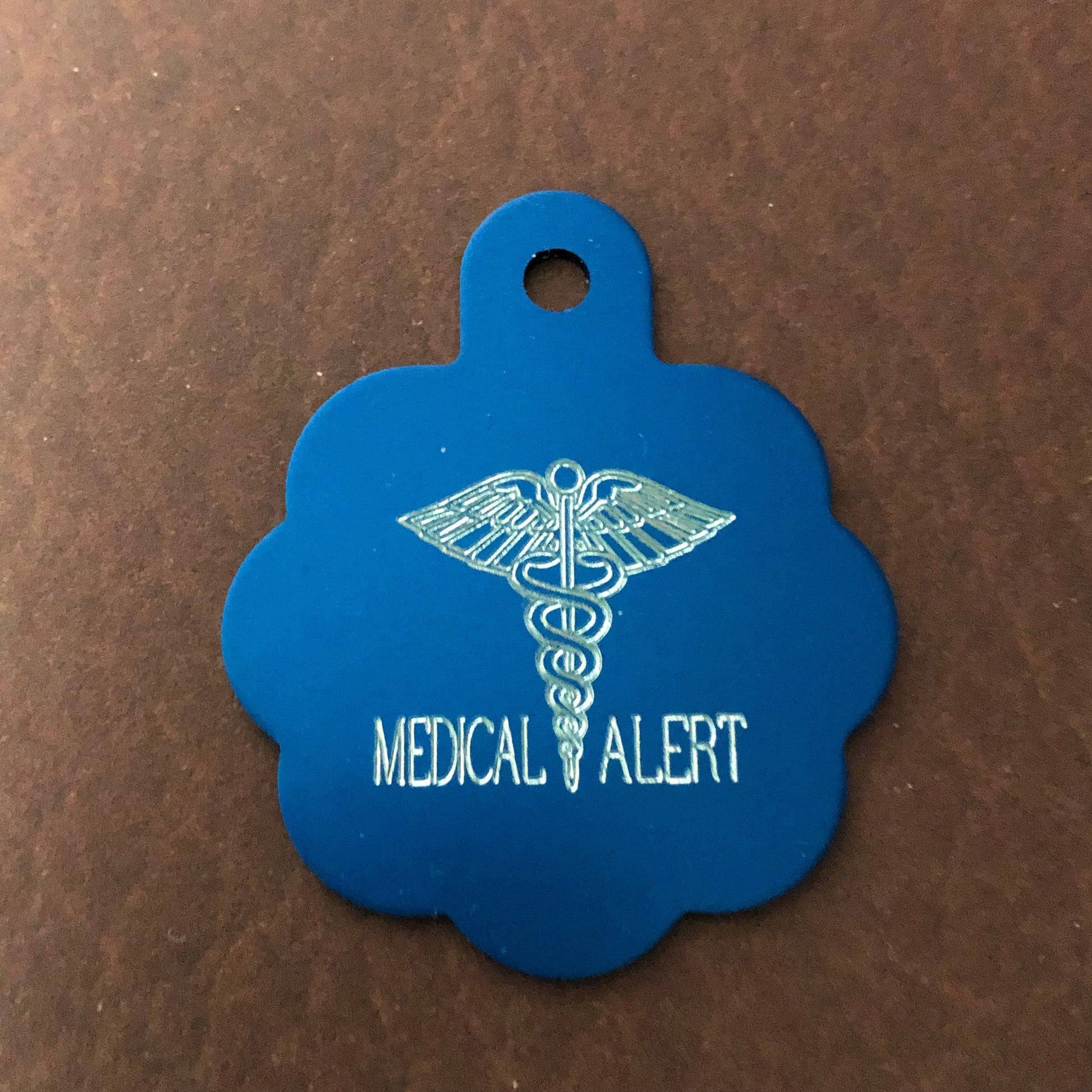 Medical Alert, Large Blue Rosette Tag, Personalized Aluminum Tag, Diamond Engraved, Dog Cat Tag ID Tag Kitty Tag Puppy Tag, CAzALBRT