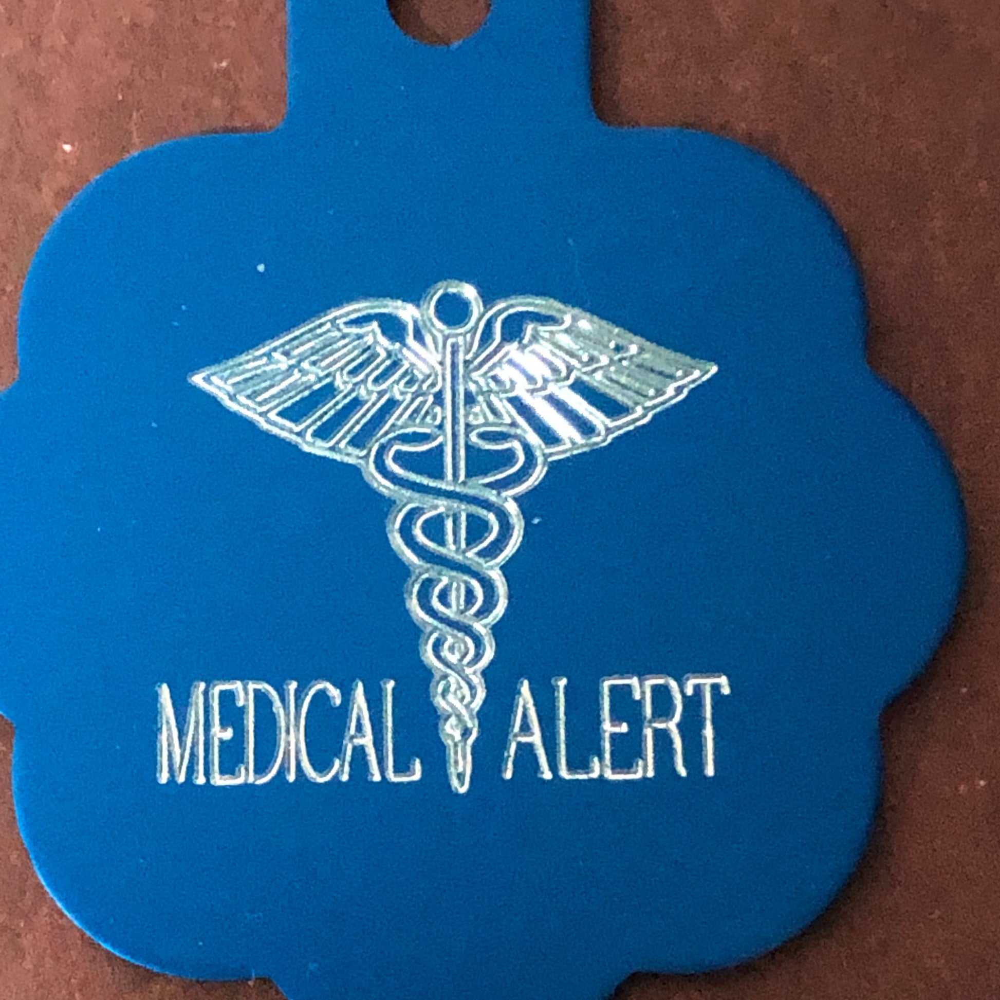 Medical Alert, Large Blue Rosette Tag, Personalized Aluminum Tag, Diamond Engraved, Dog Cat Tag ID Tag Kitty Tag Puppy Tag, CAzALBRT