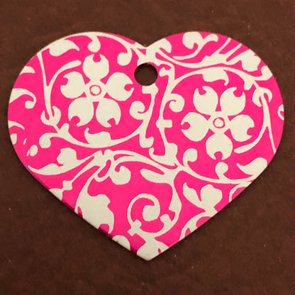 Ornate Floral Print Large Pink Heart Personalized Aluminum Tag, Diamond Engraved, Key Chain, Keychain, For Lost Keys OFPLPH2
