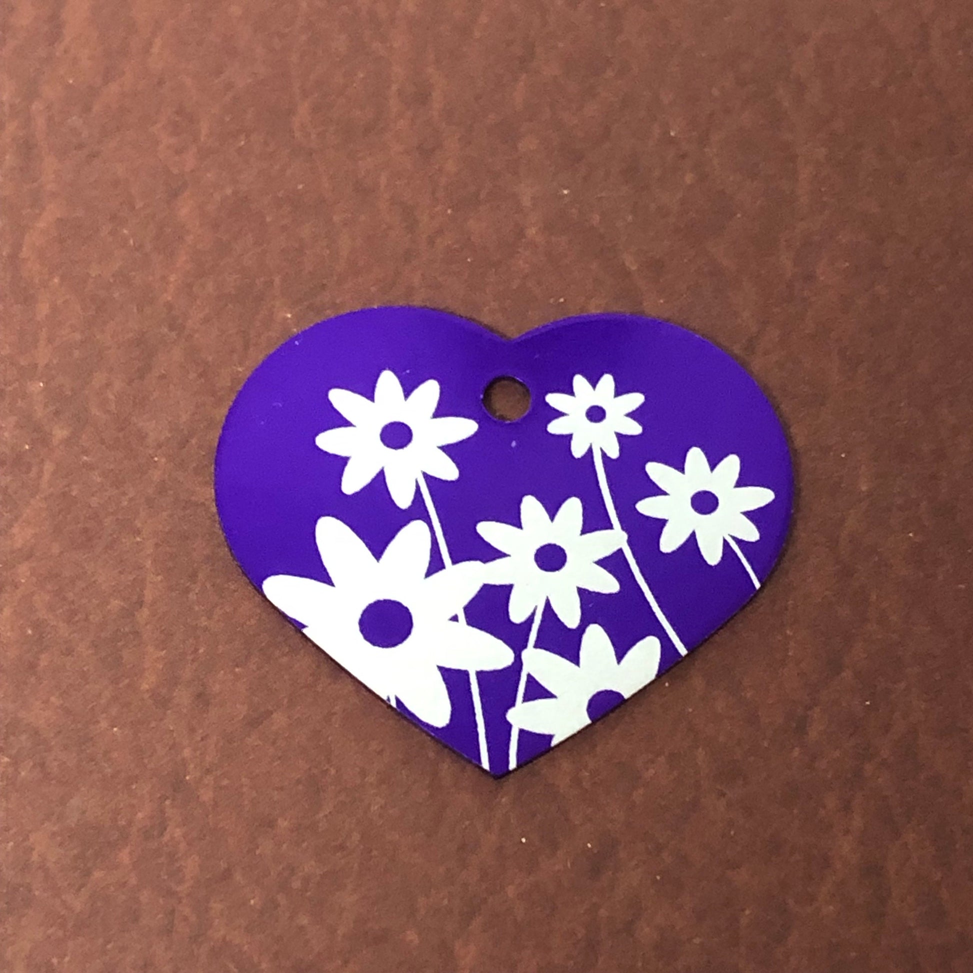 Daisy Floral Print Large Purple Heart Aluminum Tag Diamond Engraved Personalized Dog Tag Cat Tag For Dog Collars For Cat Collars, DFPLPH