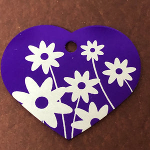 Daisy Floral Print Large Purple Heart Aluminum Tag Diamond Engraved Personalized Dog Tag Cat Tag For Dog Collars For Cat Collars, DFPLPH
