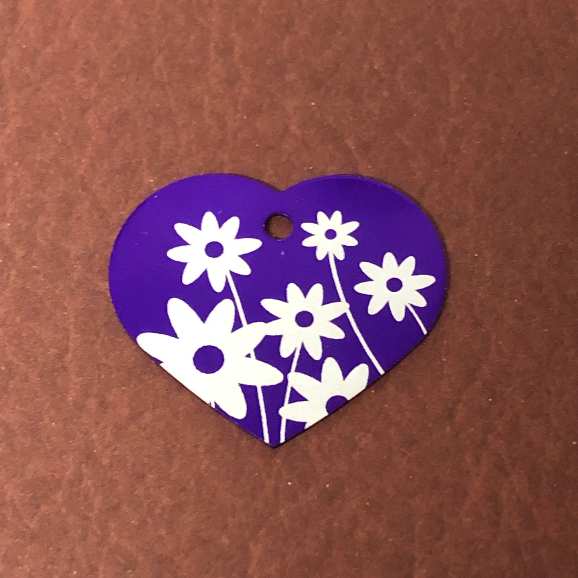 Daisy Floral Print Large Purple Heart Aluminum Tag Diamond Engraved Personalized Dog Tag Cat Tag For Dog Collars For Cat Collars, DFPLPH