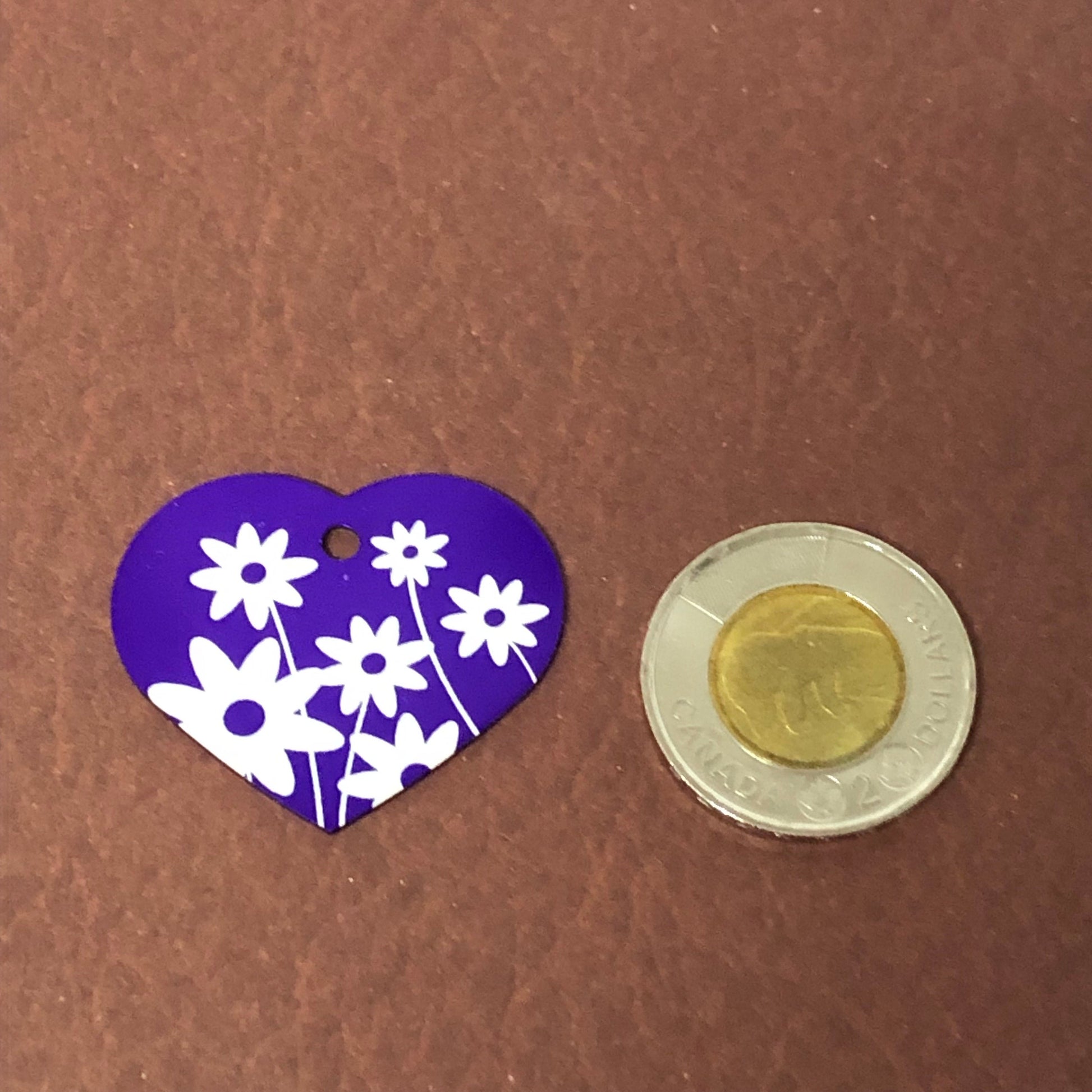 Daisy Floral Print Large Purple Heart Aluminum Tag Diamond Engraved Personalized Dog Tag Cat Tag For Dog Collars For Cat Collars, DFPLPH