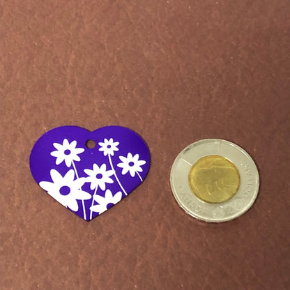 Daisy Floral Print Large Purple Heart Aluminum Tag Diamond Engraved Personalized Dog Tag Cat Tag For Dog Collars For Cat Collars, DFPLPH