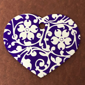 Ornate Floral Print Large Purple Heart Personalized Aluminum Tag, Diamond Engraved, Key Chain, Keychain, For Lost Keys