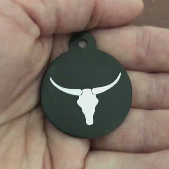 Longhorn, Yak, Large Circle Black Tag, Personalized Aluminum Tag, Diamond Engraved, Dog Tag Cat Tag Small Animal Tag Human ID Tag Kitty